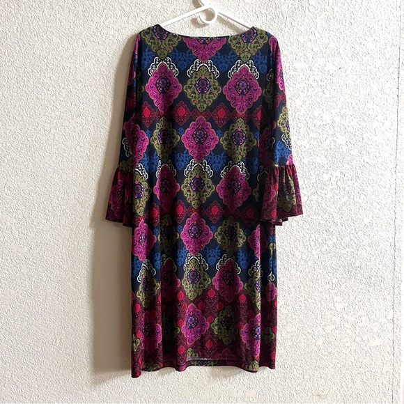 Chicos Medallion Shift Dress Women Sz XL Flare Sleeve Colorful Artsy Jewel Tones - Picture 2 of 10